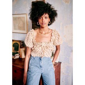 Sezane Wood Top in Printed Peas Ruffle Blouse with Puffed Sleeves size 36 EUC